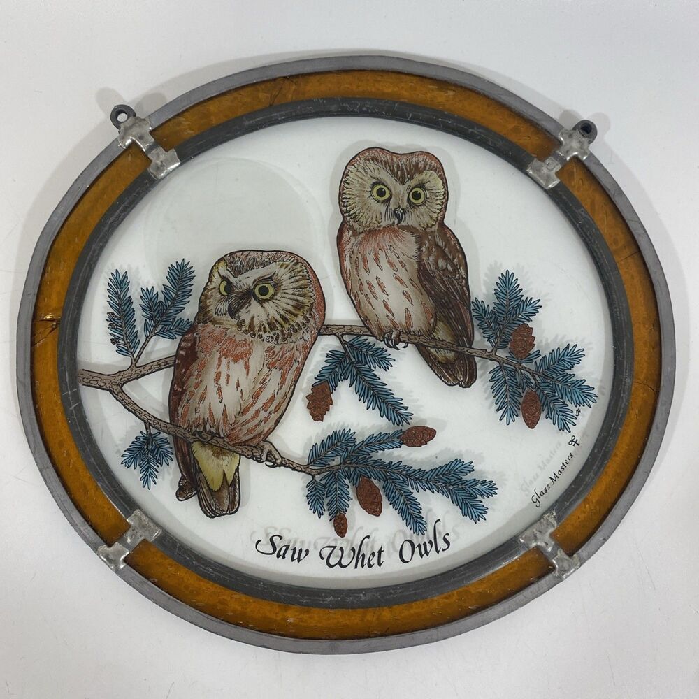 Glass Masters Stainglass Windows Hanging Saw Whet Owls 9”x 8” READ